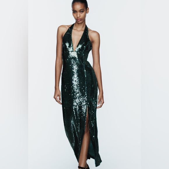 Zara Festive Days SEQUIN HALTER front slit Green Midi Dress Sz.S - Picture 2 of 16